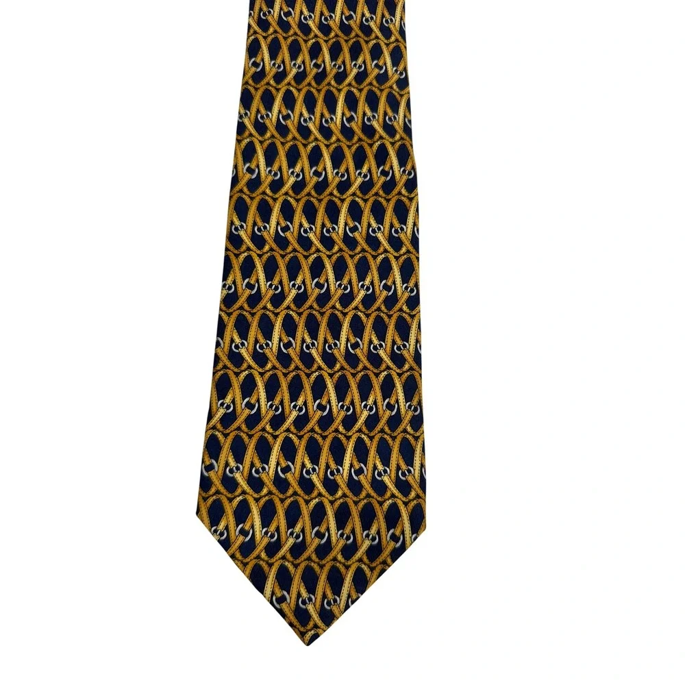 Lancel Paris Tie Mens OS Navy Gold Excellent Vintage Silk Equestrian Belt France